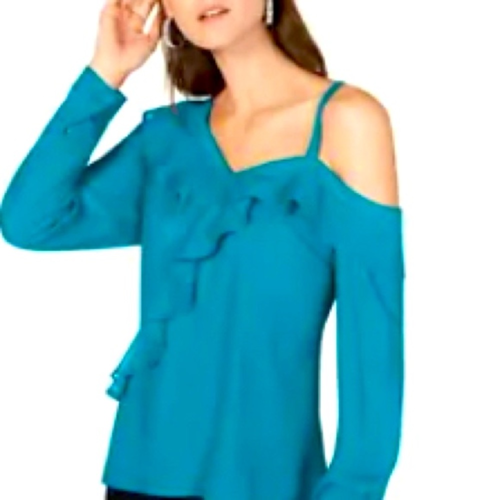 Inc Teal Asymmetric ruffle off the should top
